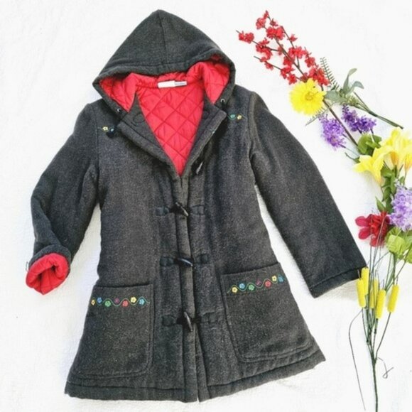 Women’s Hooded Toggle Coat Gray Embroidered Pockets Quilted Lining Jacket Medium - Picture 1 of 15